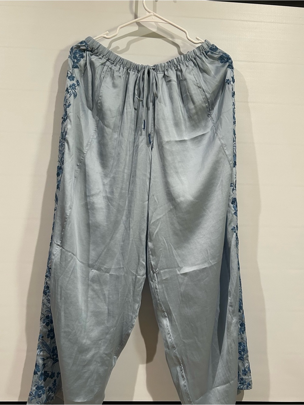Free People Light Blue Wide-Leg Pajama Pants with Navy Floral Embroidery - Picture 7 of 7